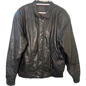 Vintage 90s Black Leather Bomber Jacket Genuine Leather Made in Korea Large